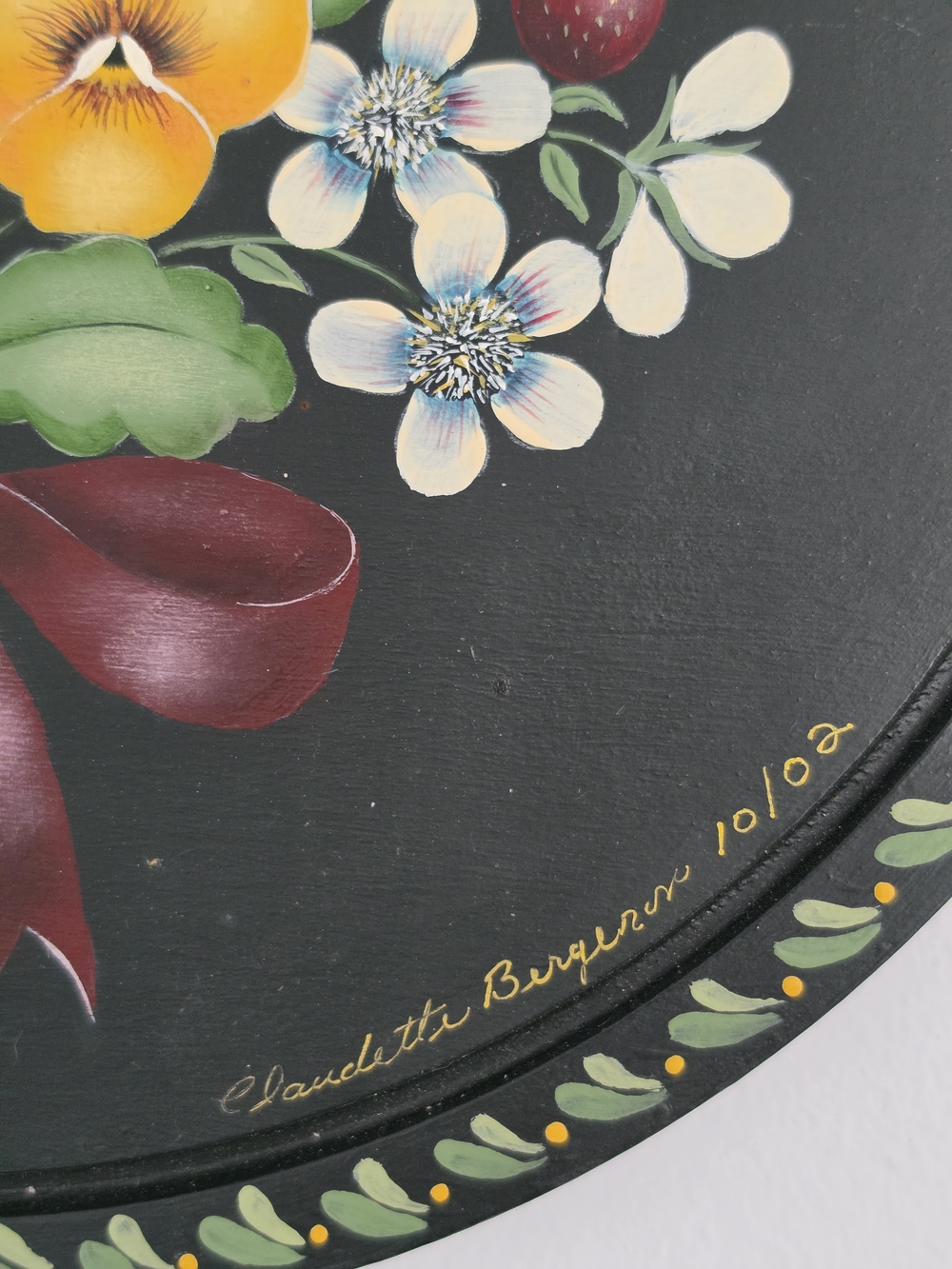 Vintage Moody Dark Green Floral Bouquet Wall Art with Yellow Pansies and Red Bow - Picture 9 of 12